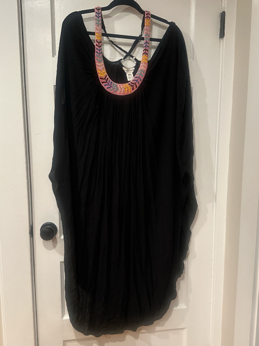 Mara Hoffman Black Beaded Scoop Neck Cover-Up with Colorful Embellished Neckline